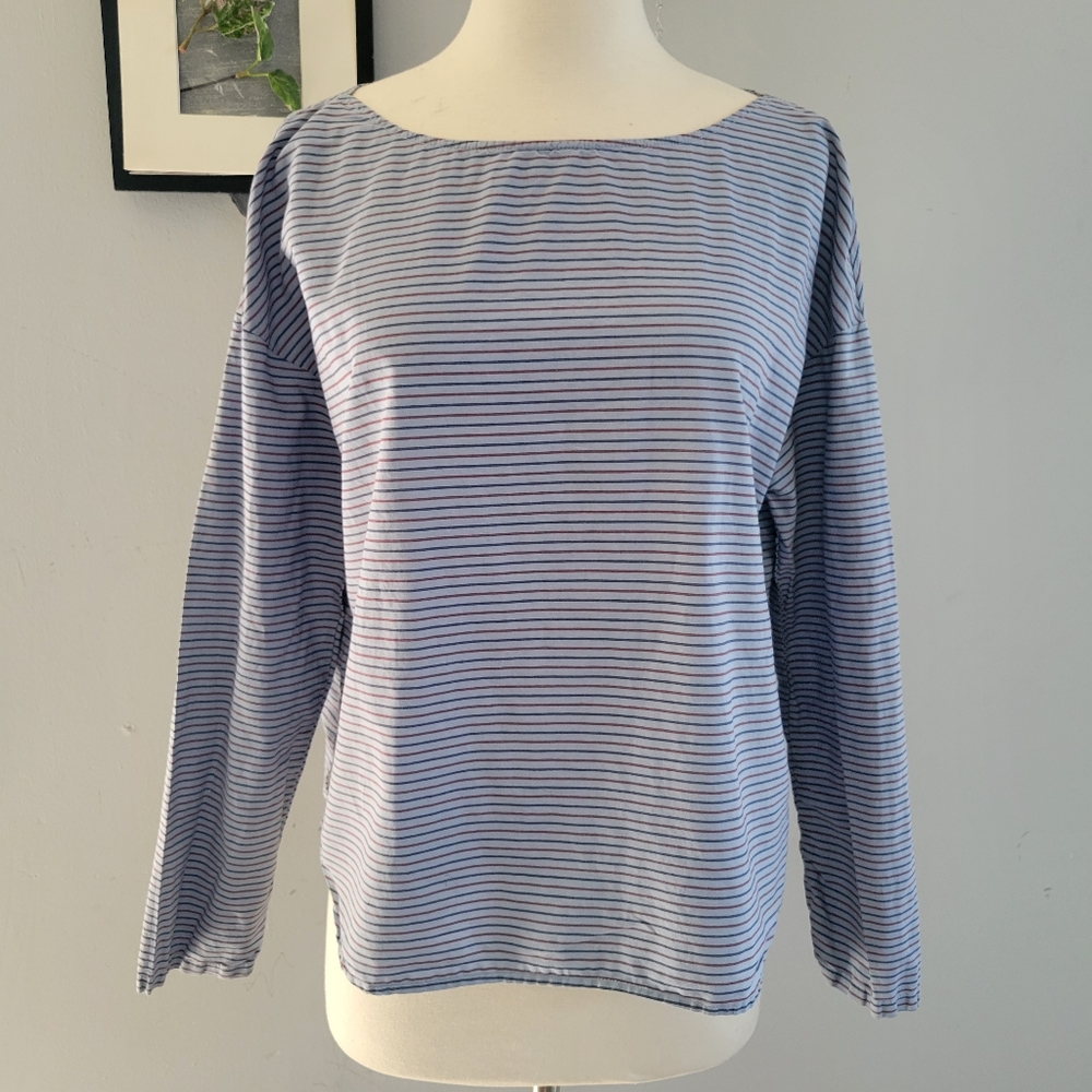 Xirena Long Sleeve‎ Striped Cotton Pullover Blouse Blue M